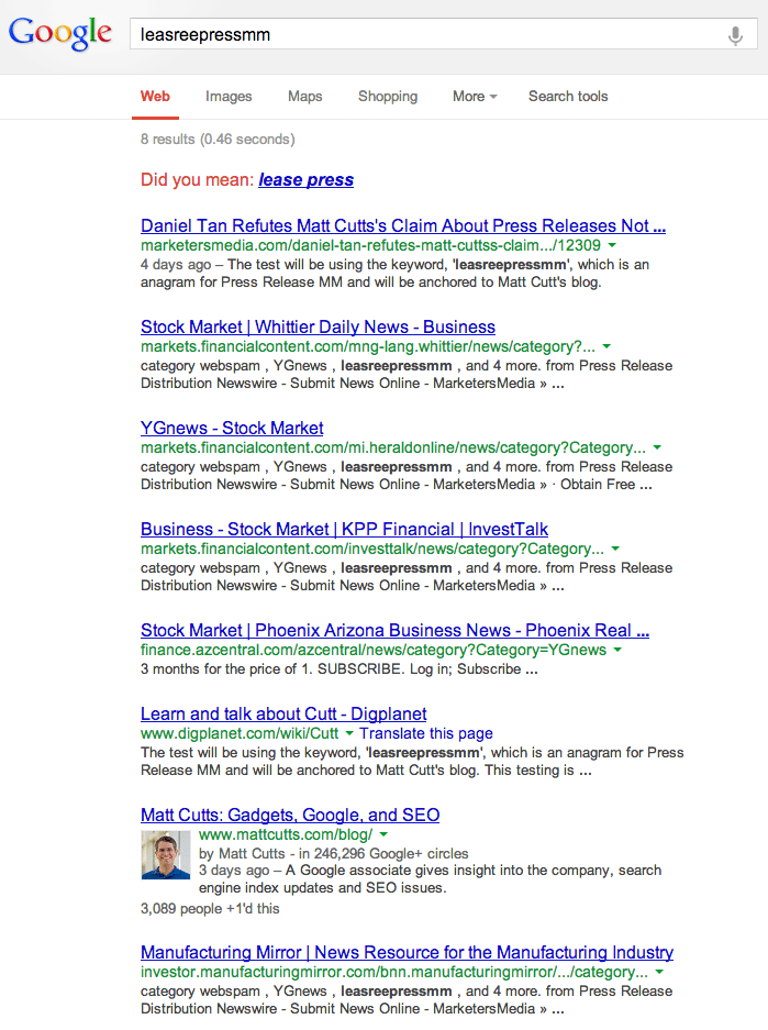 Поиск в Google для [   leasreepressmm   ] возвращает блог Мэтта как номер семь для меня прямо сейчас, всего через несколько дней после публикации пресс-релиза