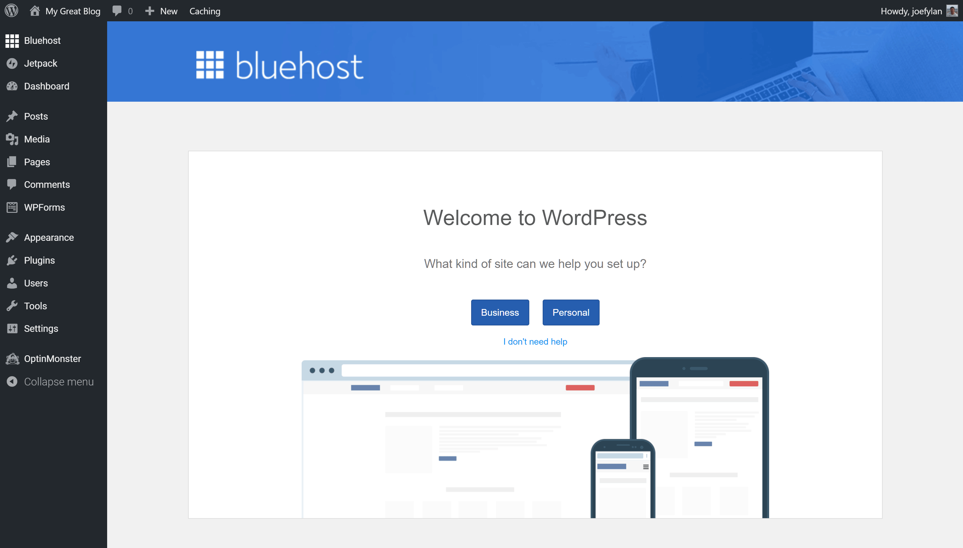 Кроме того, когда вы заходите на свой новый веб-сайт WordPress, Bluehost проведет вас через процесс настройки вашего нового сайта
